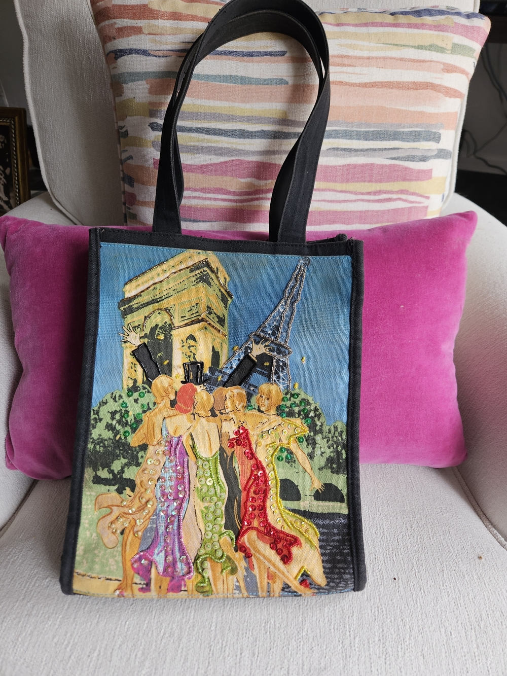 Parisian Scene Embroidered Canvas Tote Bag in Multicolor - Picture 1 of 5